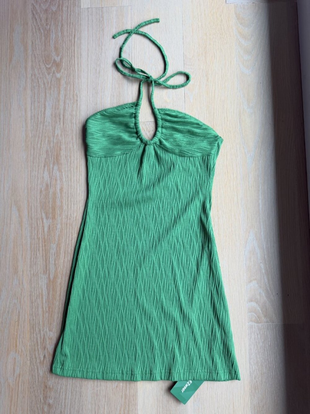 SHEIN EZwear Textured Halter Mini Dress XS Green Tie Neck NWT
